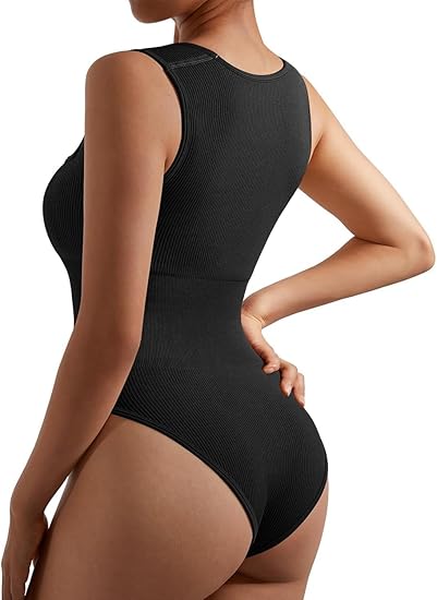 Briafinz Bodysuits for Women - Sleeveless Body Shaper Ribbed Knit Halter Round Neck Tank Top(Black)