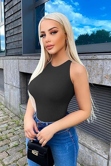 Briafinz Bodysuits for Women - Sleeveless Body Shaper Ribbed Knit Halter Round Neck Tank Top(Black)