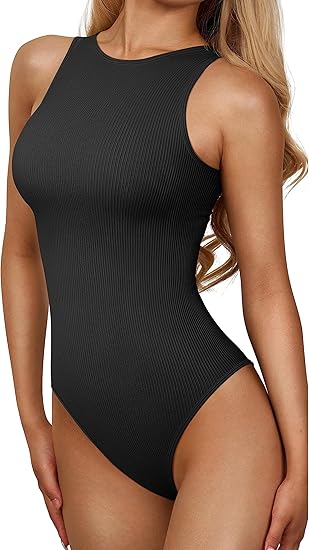Briafinz Bodysuits for Women - Sleeveless Body Shaper Ribbed Knit Halter Round Neck Tank Top(Black)