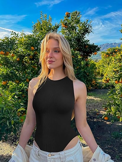 Briafinz Bodysuits for Women - Sleeveless Body Shaper Ribbed Knit Halter Round Neck Tank Top(Black)