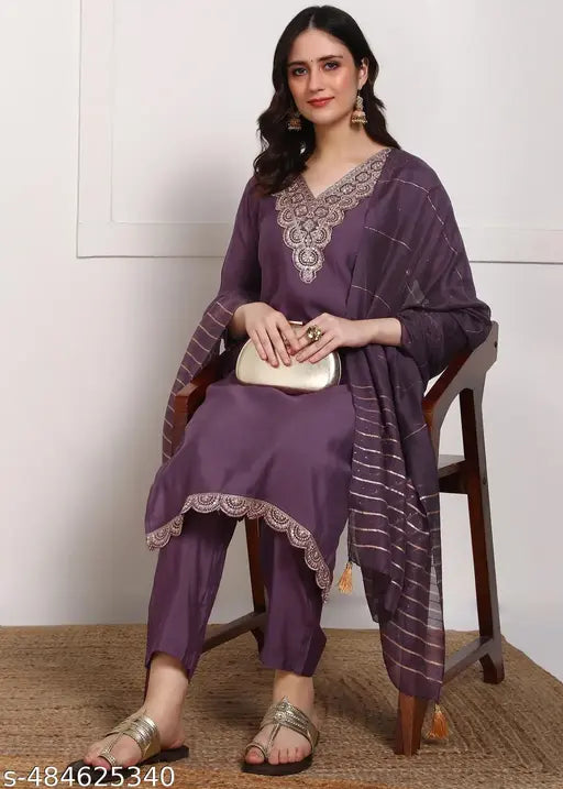 Women’s Embroidered Straight Kurta Set with Dyed Dupatta