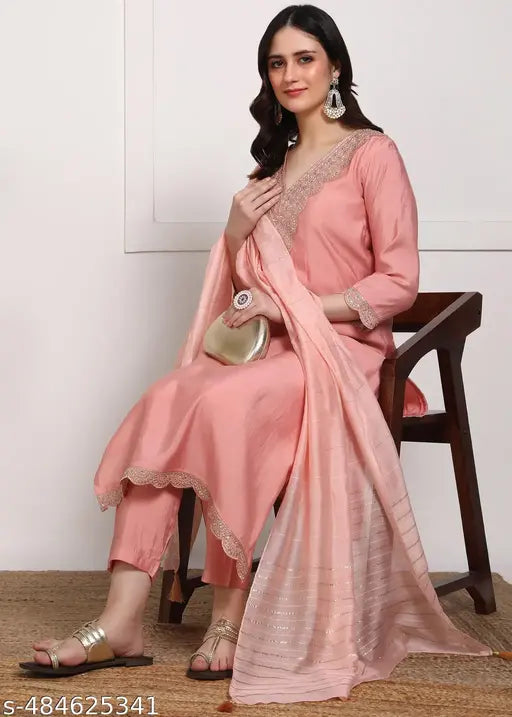 Women’s Embroidered Straight Kurta Set with Dyed Dupatta