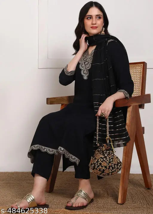 Women’s Embroidered Straight Kurta Set with Dyed Dupatta