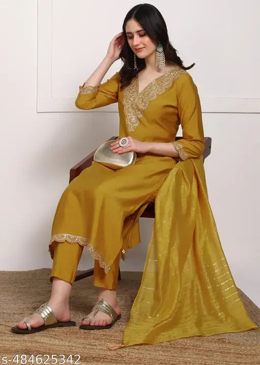 Women’s Embroidered Straight Kurta Set with Dyed Dupatta
