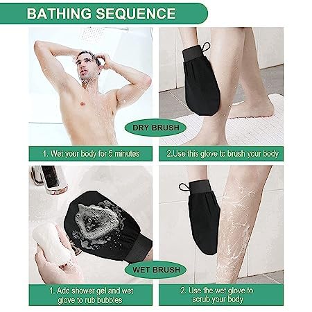 Exfoliating Boody Scrub Gloves, Loofah for Men and Women, Gentle On Skin, Easy To Use, Removes Dead Skin, Blackheads, Impurities, Sustainable Hand Bathing Gloves (Black)