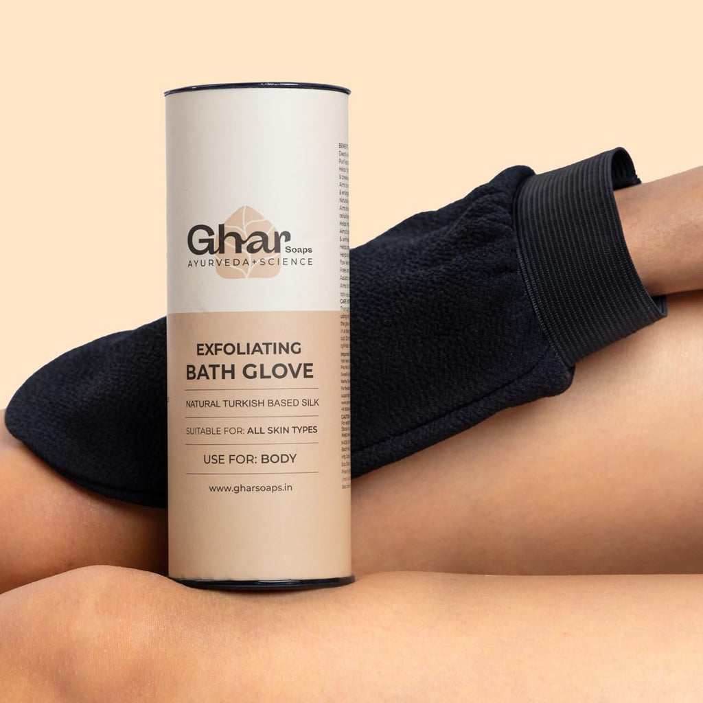 Ghar Soaps Exfoliating Body Gloves & Sandalwood Saffron Magic Soap 100Gm, Black | Paraben Free | Chandan & Kesar Soap | Handmade Soap For Men & Women | Glowing Natural Refreshing Skin | Tan Removal