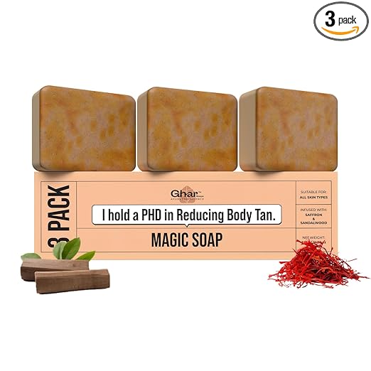 Ghar Soaps Sandalwood & Saffron Magic Soaps For Bath (300 Gms Pack Of 3) | Paraben Free | Chandan & Kesar Bath Soap | Handmade Soaps For Glowing | Skin Brightening Soap For Men & Women
