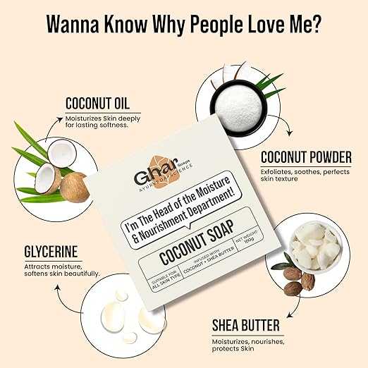 Ghar Soap Coconut Soap with Shea Butter| All Skin Types| Moisturising and Nourishing |100g