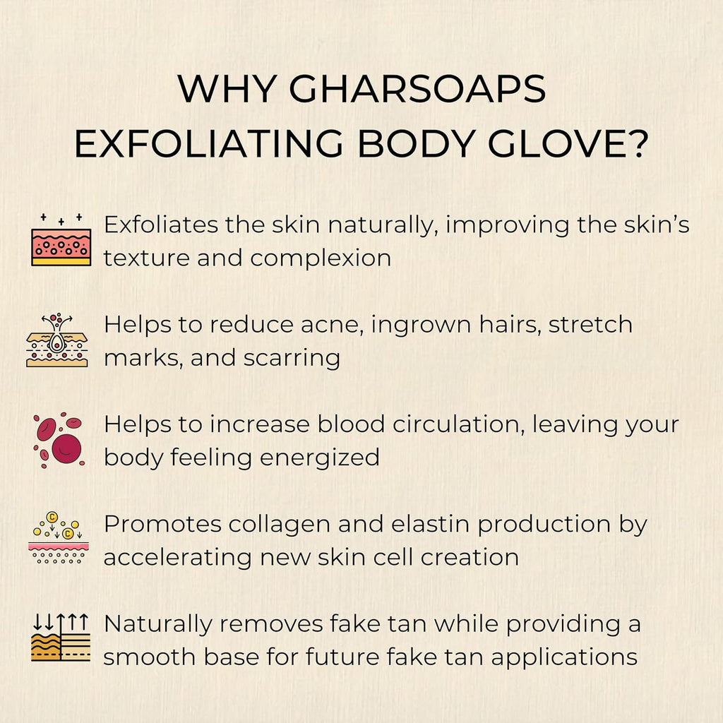 Ghar Soaps Exfoliating Body Gloves & Sandalwood Saffron Magic Soap 100Gm, Black | Paraben Free | Chandan & Kesar Soap | Handmade Soap For Men & Women | Glowing Natural Refreshing Skin | Tan Removal